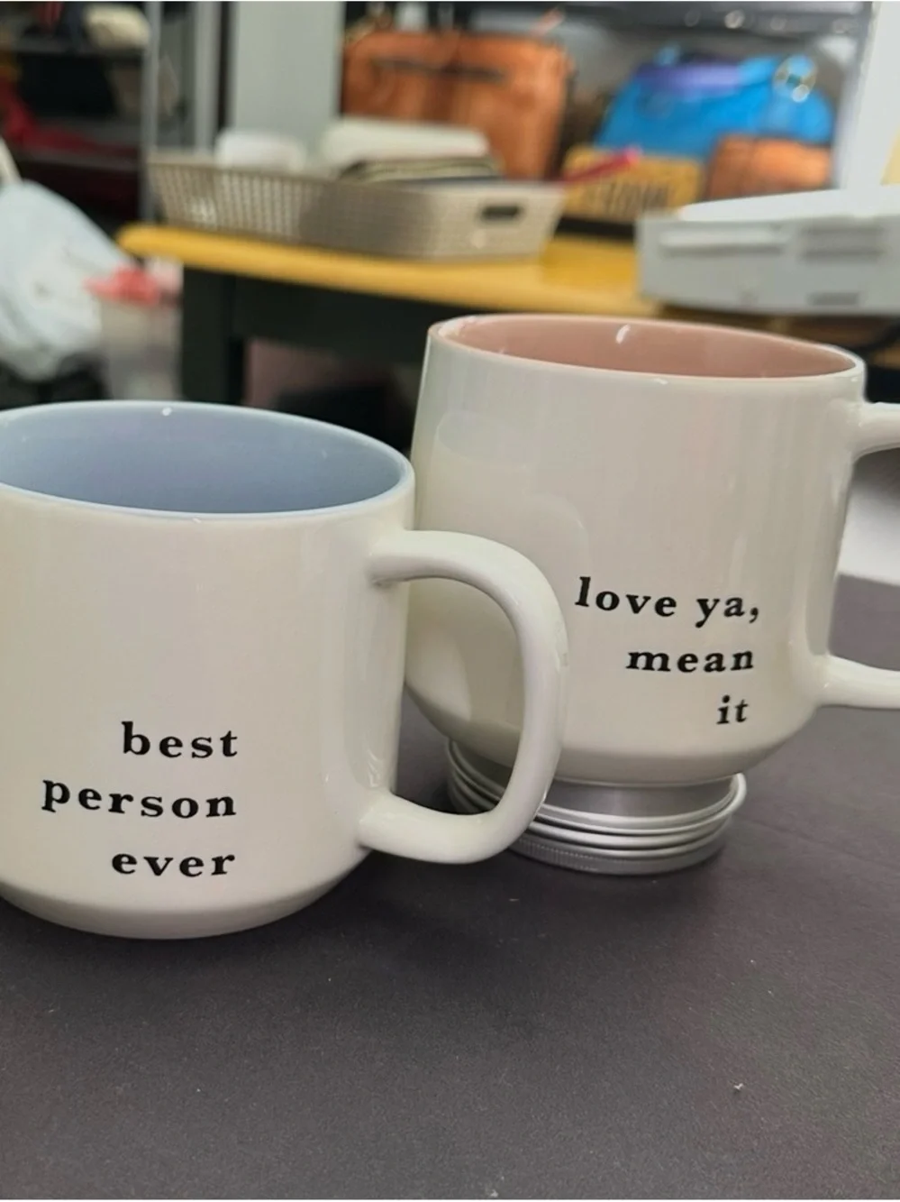 White Ceramic Mug Set with Pastel Interior - Best Person Ever & Love Ya